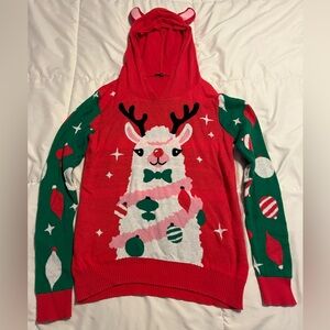 Girls Festive Llama Sweater - Red and Green